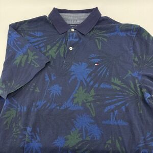 Tommy Hilfiger Mens XL Custom Fit Navy Blue Tropical Palm Tree Pique Polo Shirt